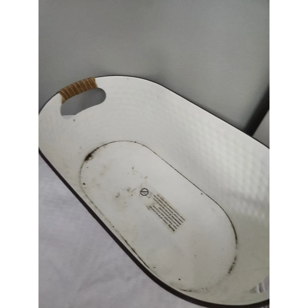 White Distressed Metal Oval Storage Bin with Rattan Handles Farmhouse Decor